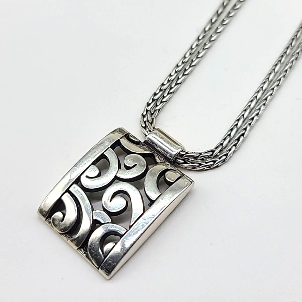 $78 Brighton "DECO LACE" Double Chain Pendant Necklace w Openwork Scroll Design!